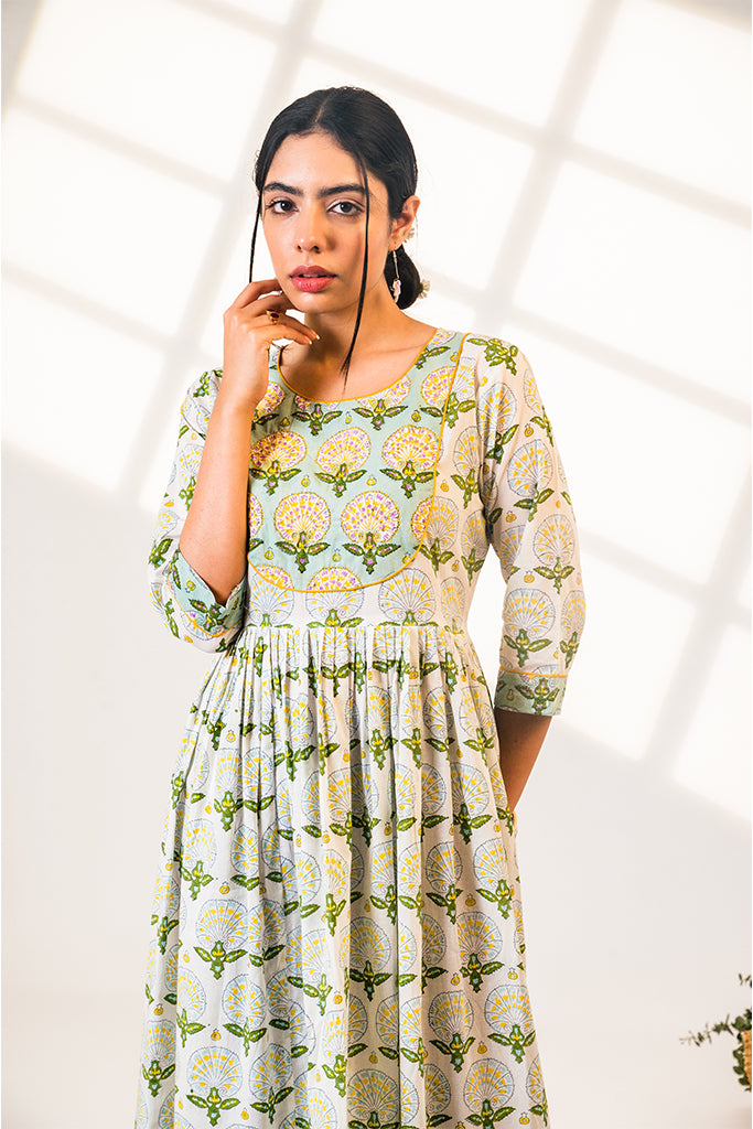 Hand-Block Printed Green Peafowl Inspired Kurta