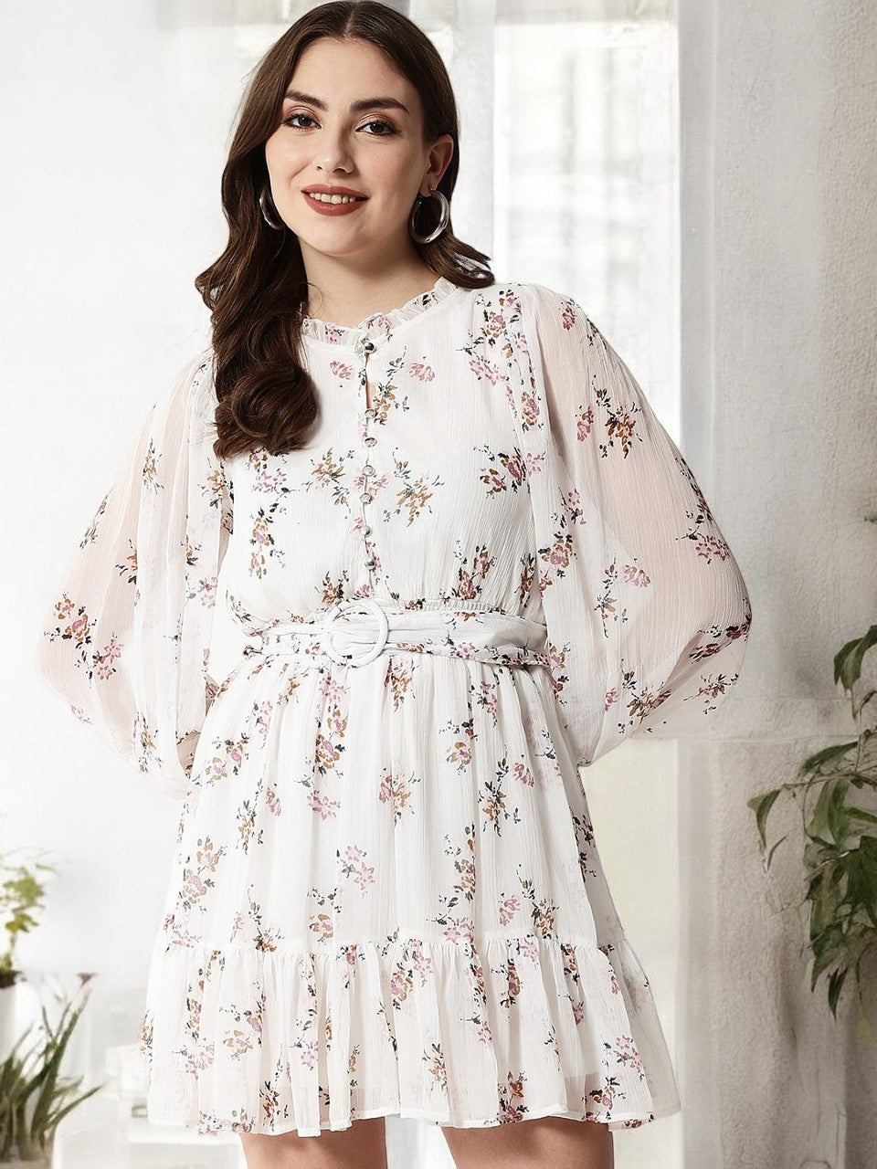 White Floral Ruffle Sleeve Dress