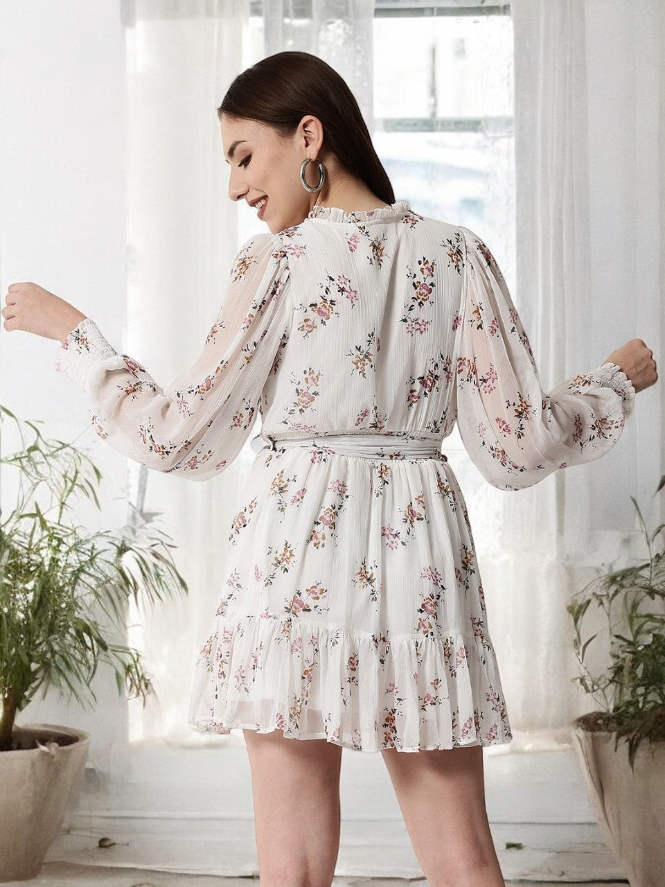 White Floral Ruffle Sleeve Dress