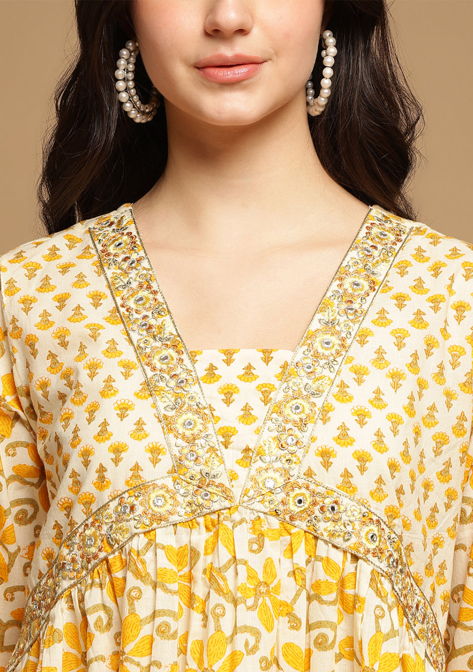 White And Yellow Floral Anarkali Kurta Pant Set With Dupatta