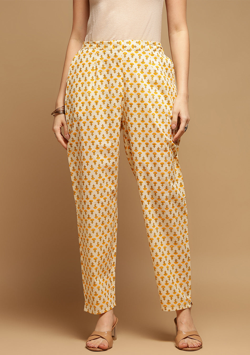 White And Yellow Floral Anarkali Kurta Pant Set With Dupatta