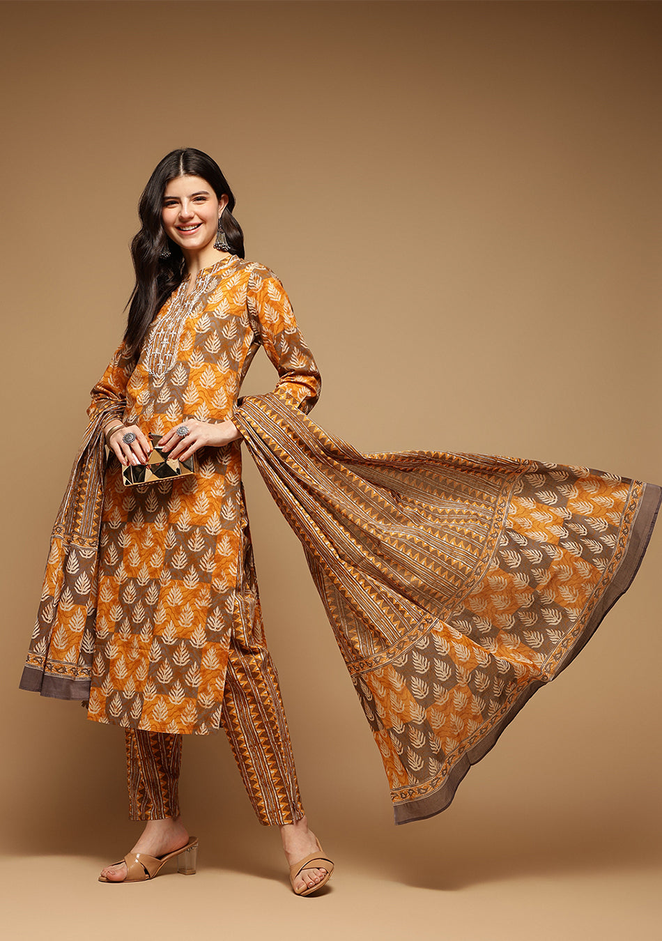 Brown and Mustard Suit Set with Dupatta
