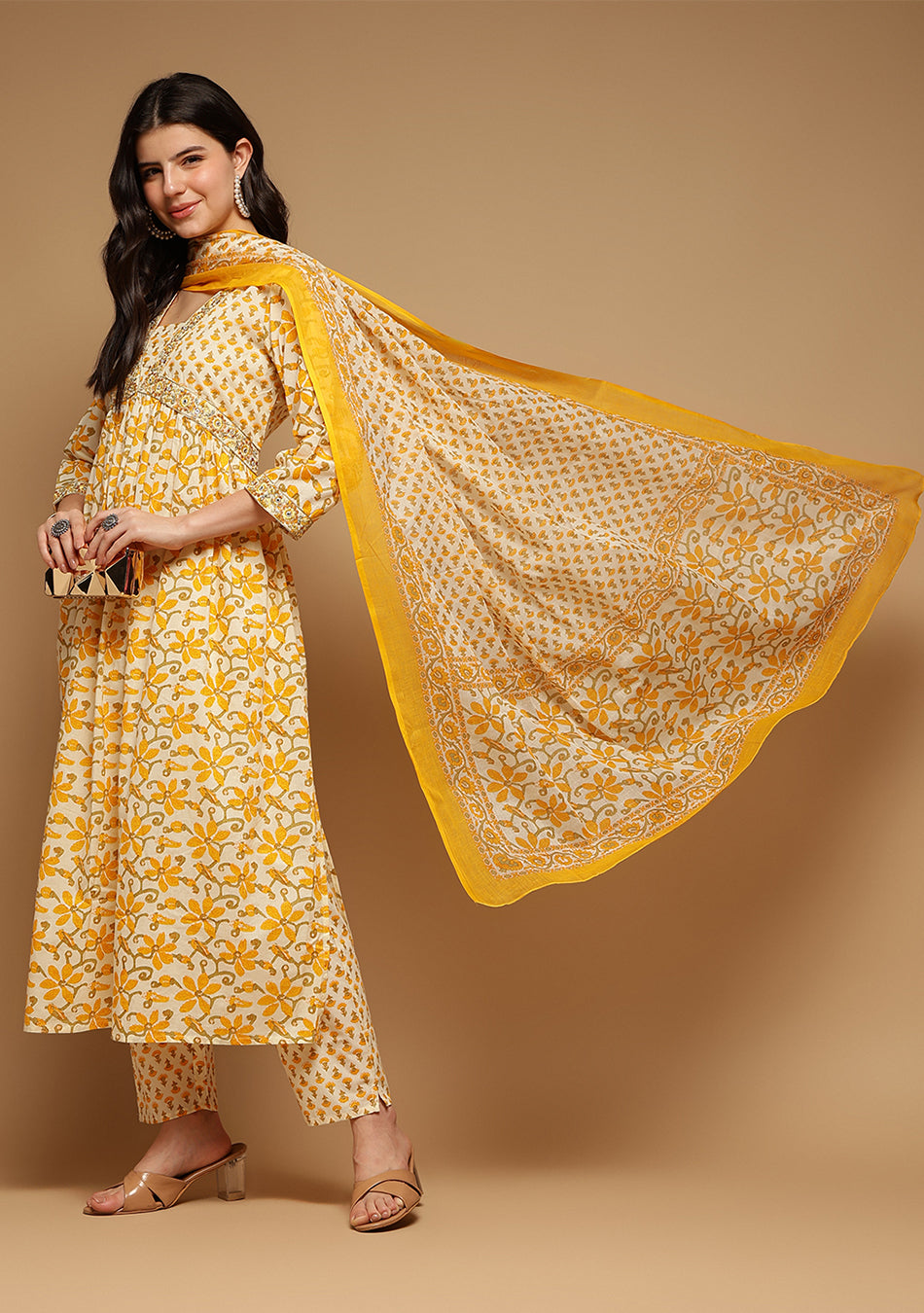 White And Yellow Floral Anarkali Kurta Pant Set With Dupatta