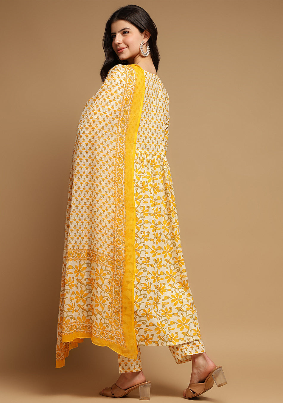 White And Yellow Floral Anarkali Kurta Pant Set With Dupatta