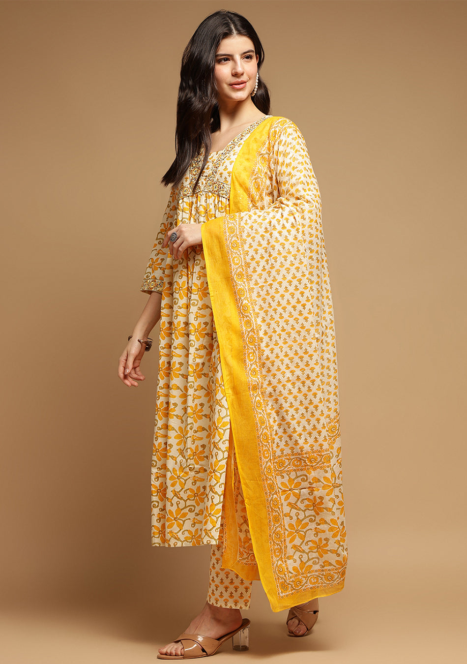 White And Yellow Floral Anarkali Kurta Pant Set With Dupatta