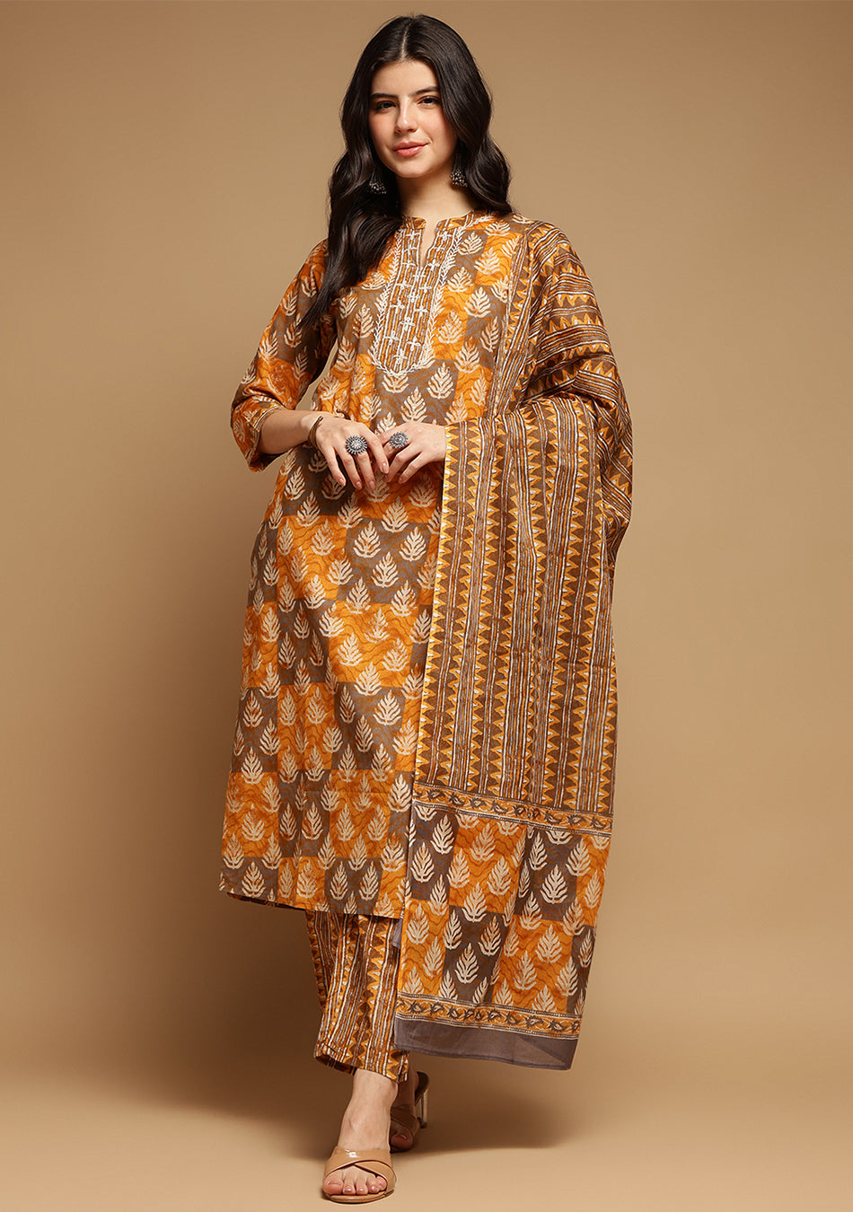 Brown and Mustard Suit Set with Dupatta