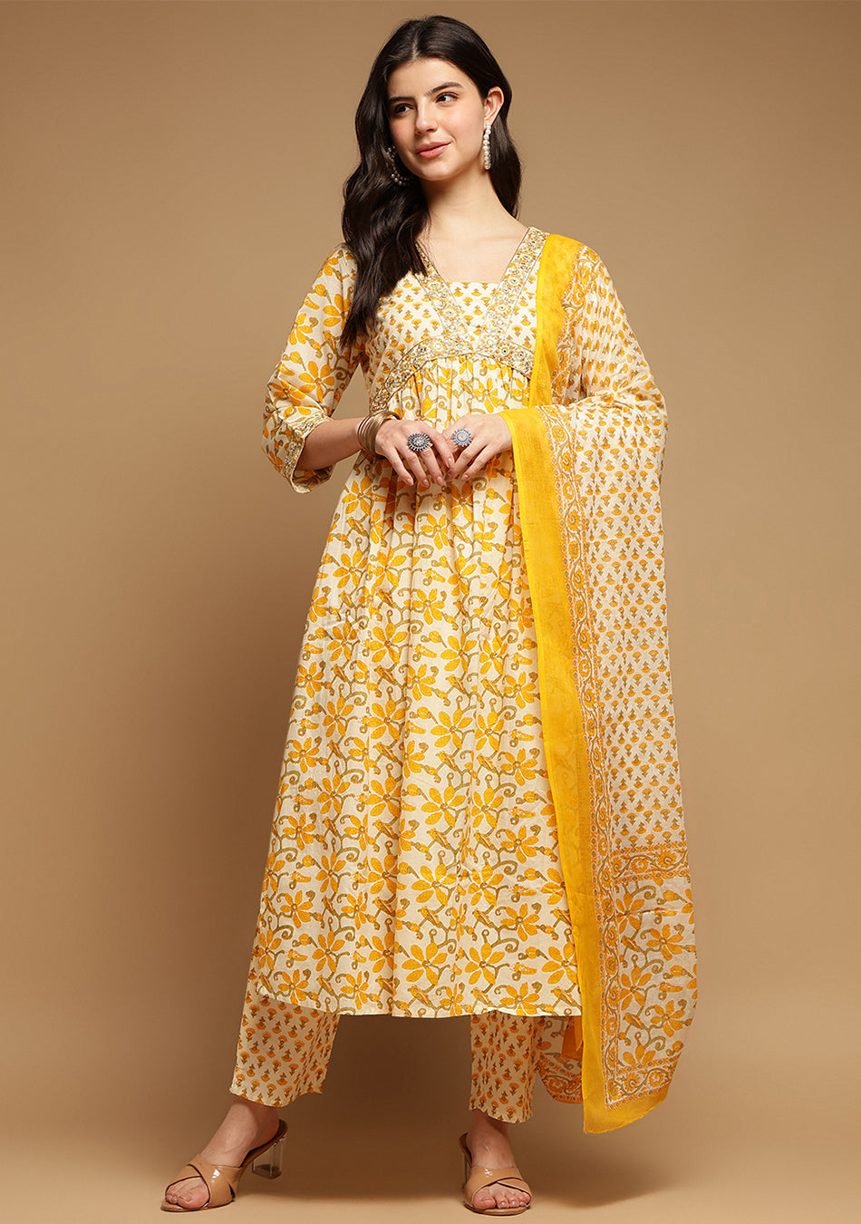 White And Yellow Floral Anarkali Kurta Pant Set With Dupatta