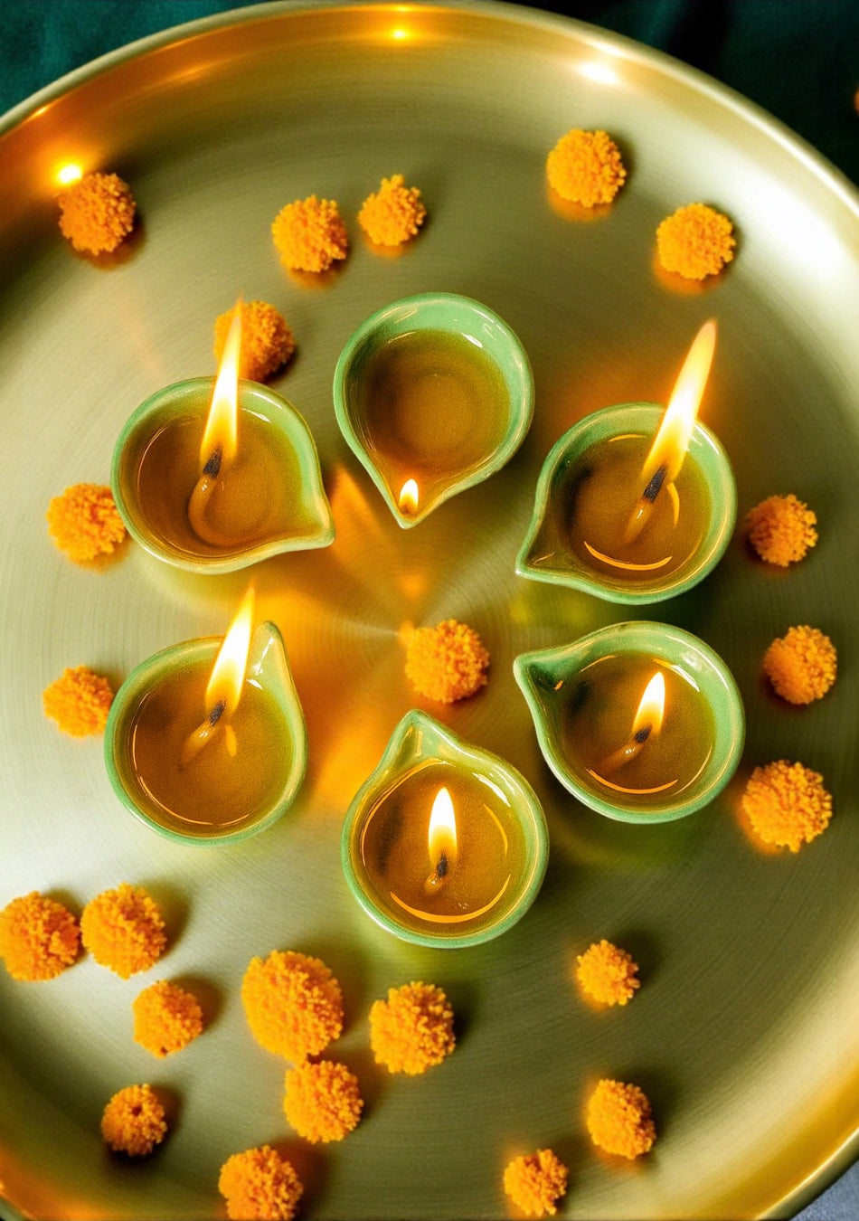 Green glazed diya set of 6