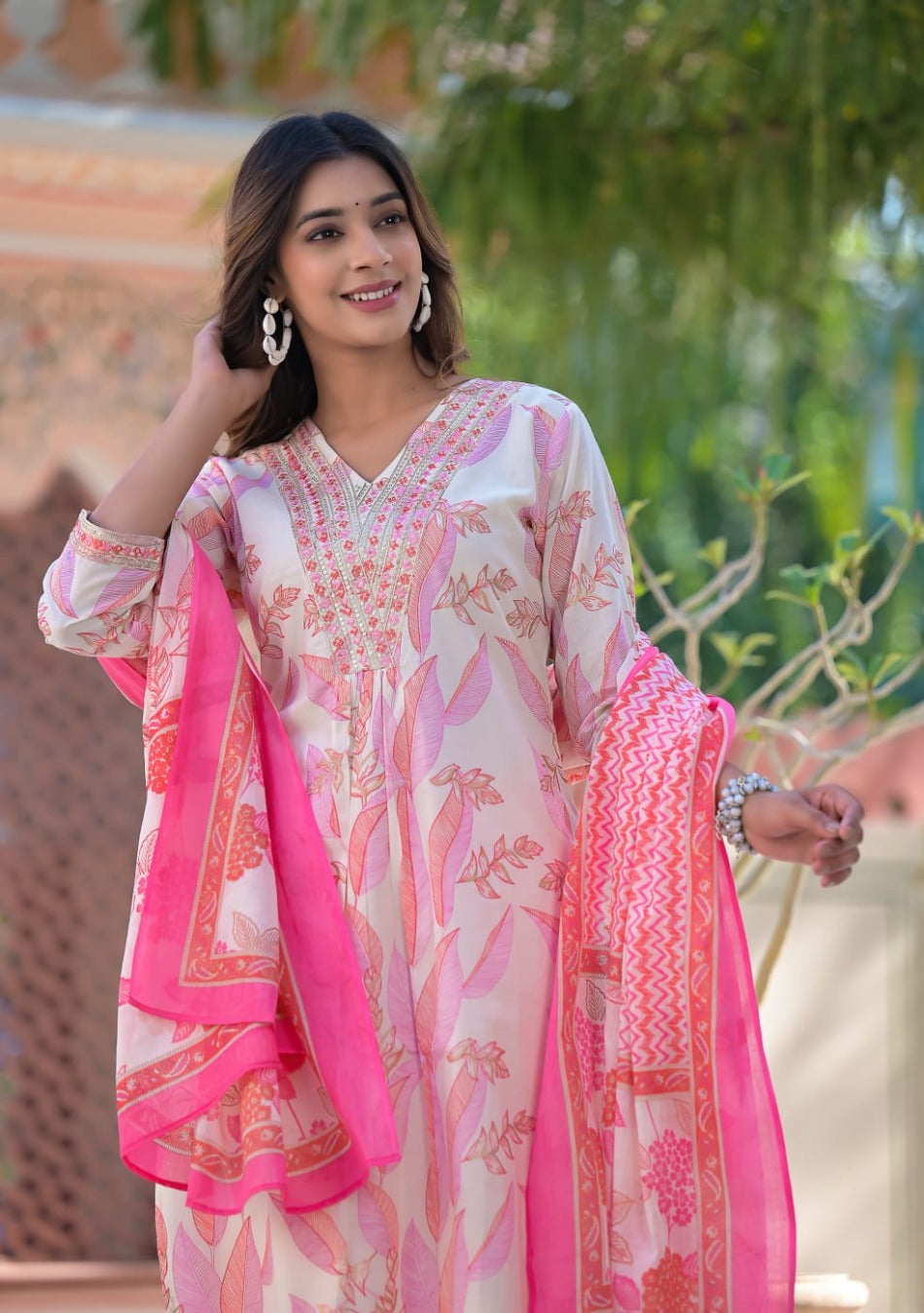 White-Pink Cotton Print Kurta Pant Set with Dupatta