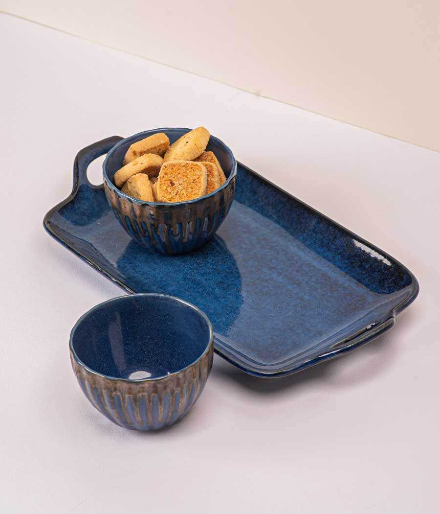 Cobalt Tray Ceramic Platter with 2 Prussian Portion Bowls