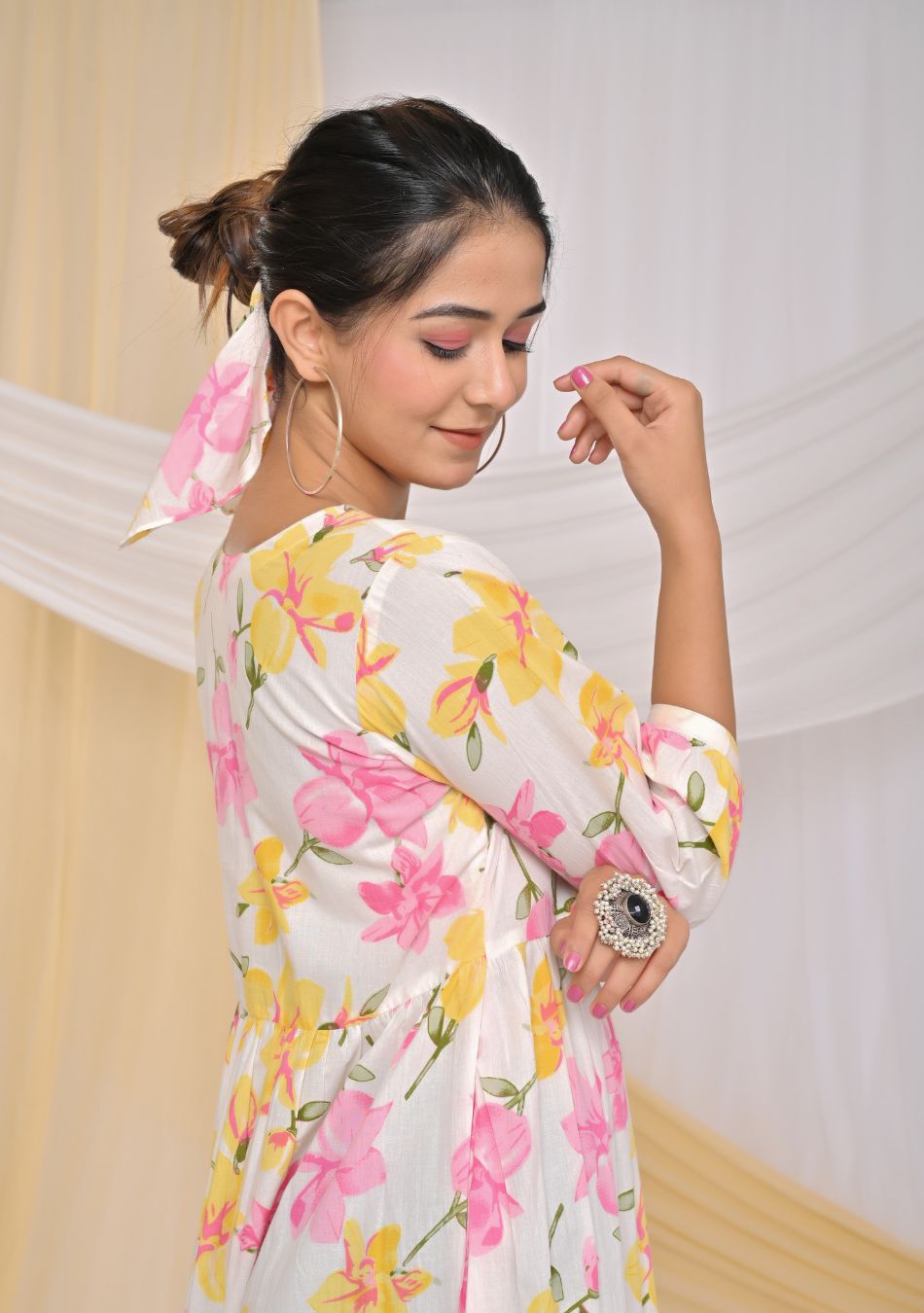 Pink & Yellow Print Cotton Short Dress