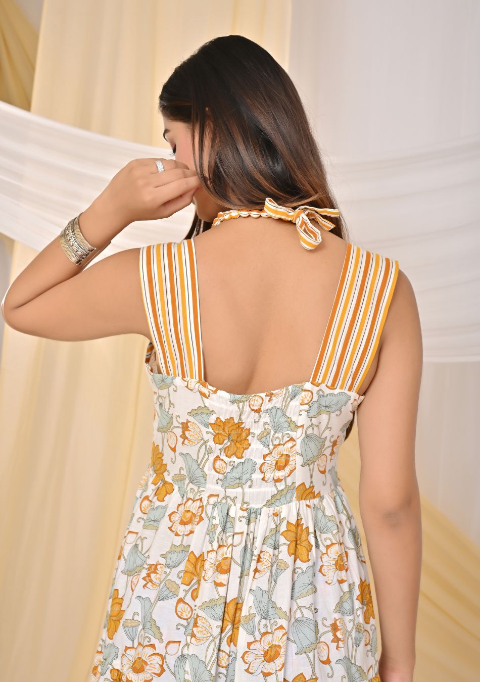 Blue & Orange Print Cotton Strap Midi Dress