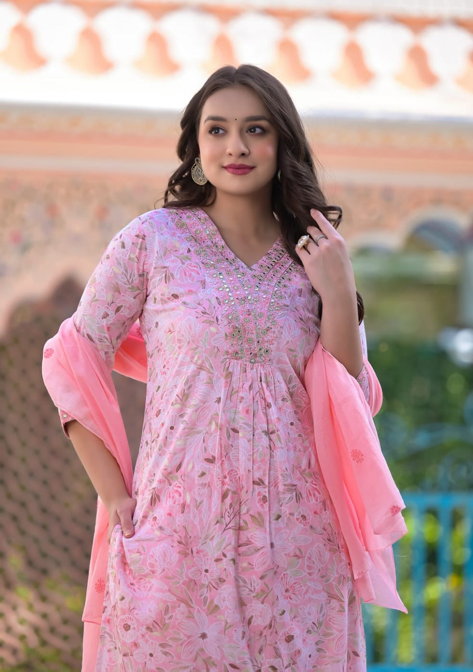 Baby Pink Floral Kurta Pant Set  with Dupatta