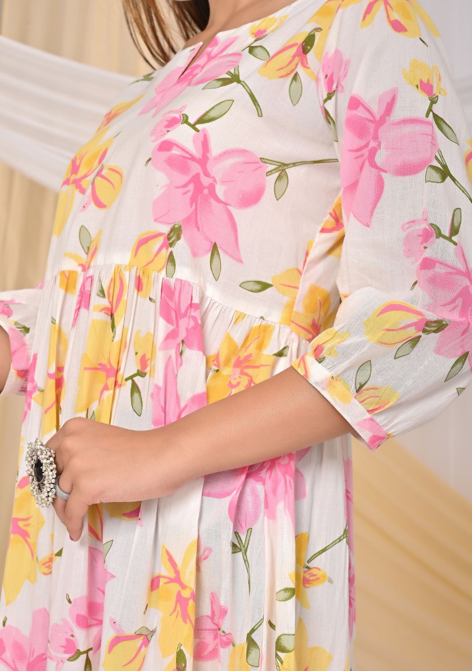 Pink & Yellow Print Cotton Short Dress
