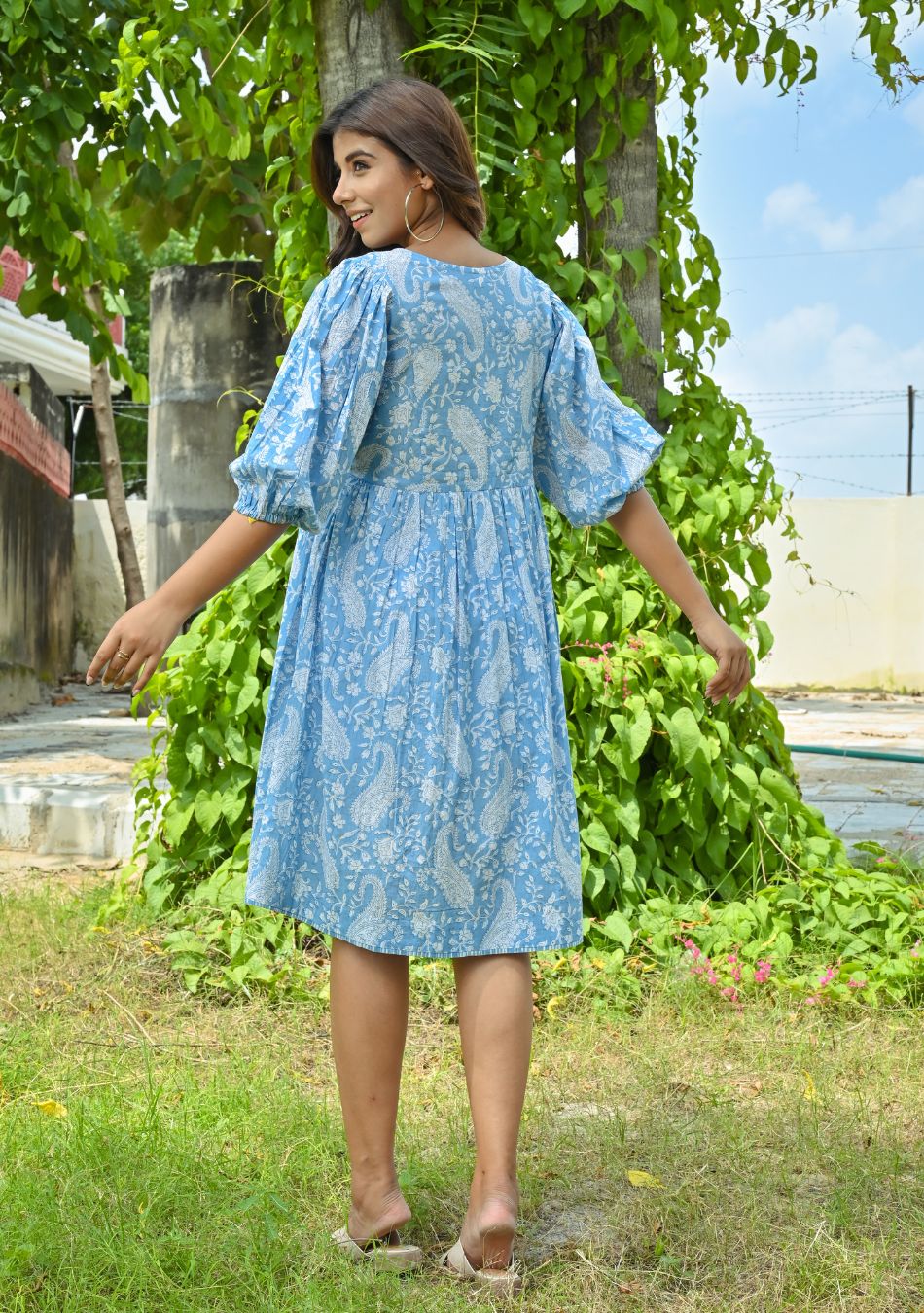 Blue Paisley Cotton Short Dress