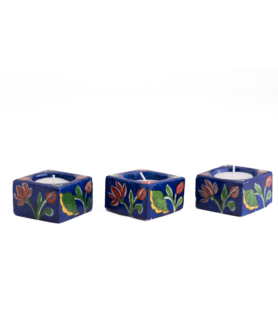 Jaipur blue pottery handmade lotus flower decorative square diyas set of 3