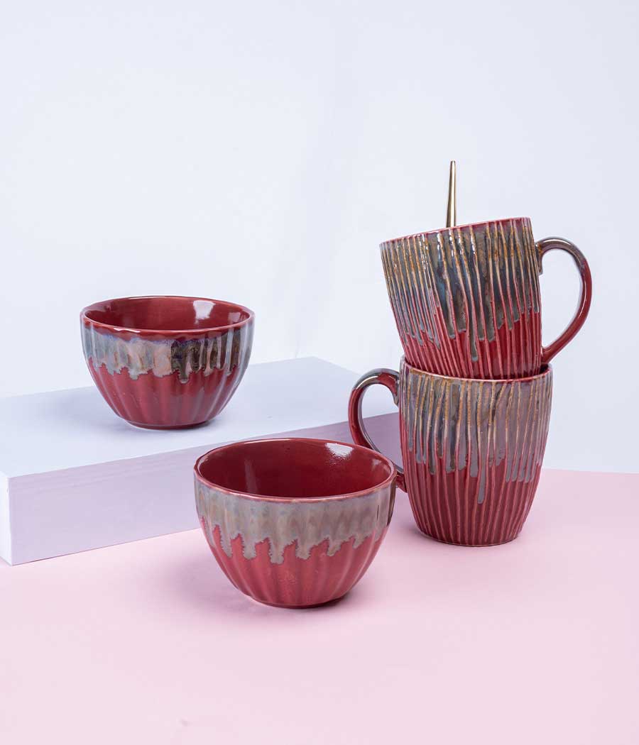 Tea for Two: Red Ceramic Bowls & Mugs Set