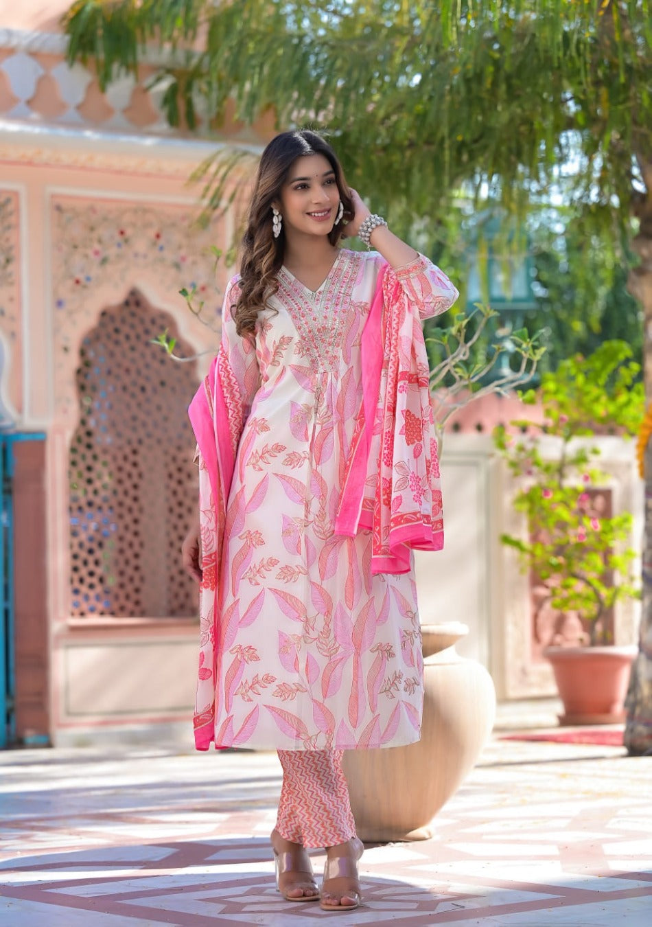 White-Pink Cotton Print Kurta Pant Set with Dupatta