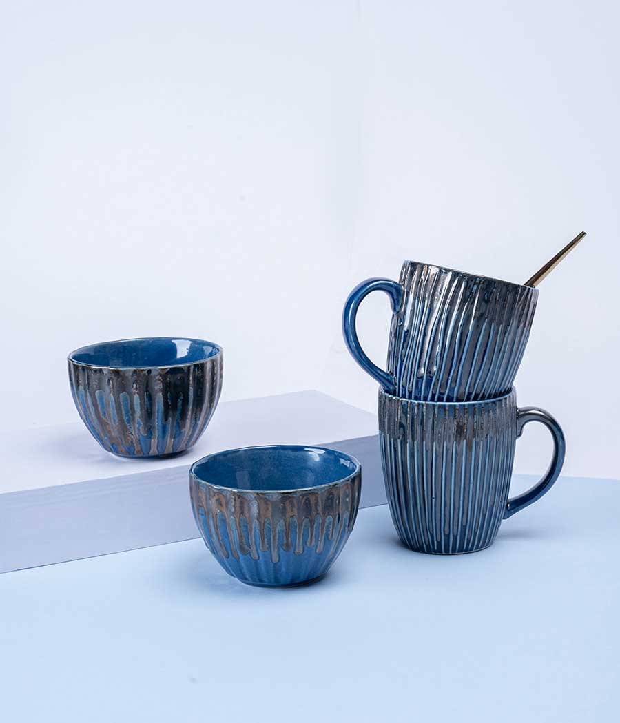 Tea for Two: Blue Ceramic Bowls & Mugs Set