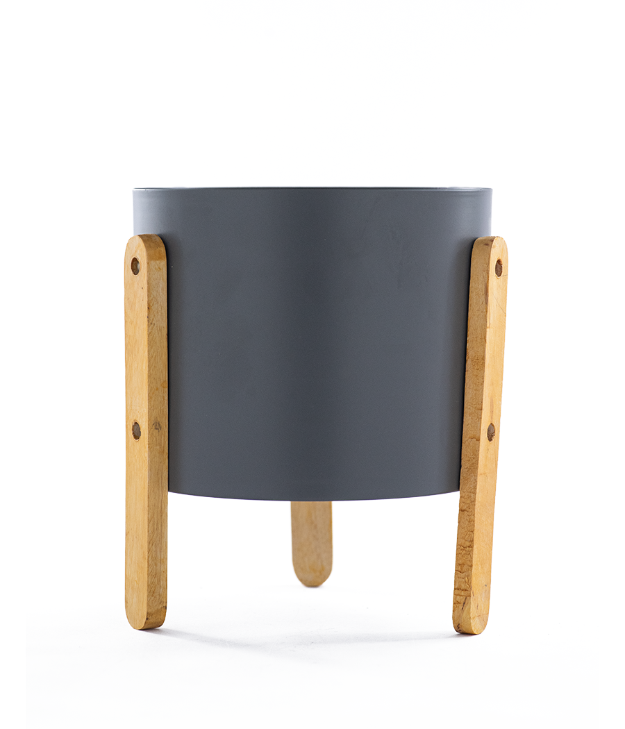 Grey Pot with Wooden Stand