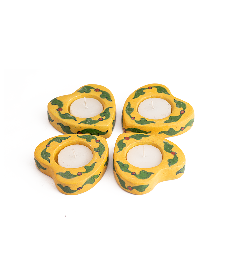 Jaipur blue pottery handmade decorative heart shaped yellow diyas set of 4