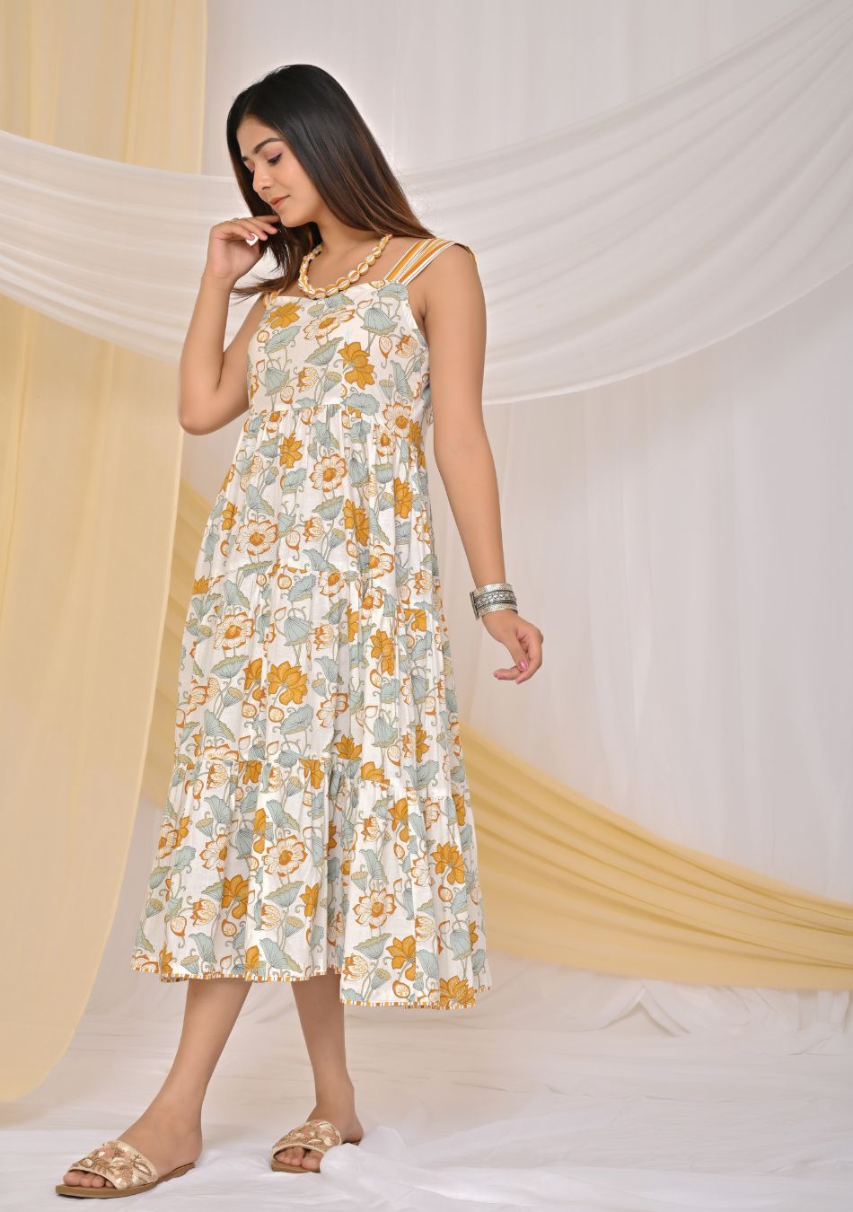 Blue & Orange Print Cotton Strap Midi Dress