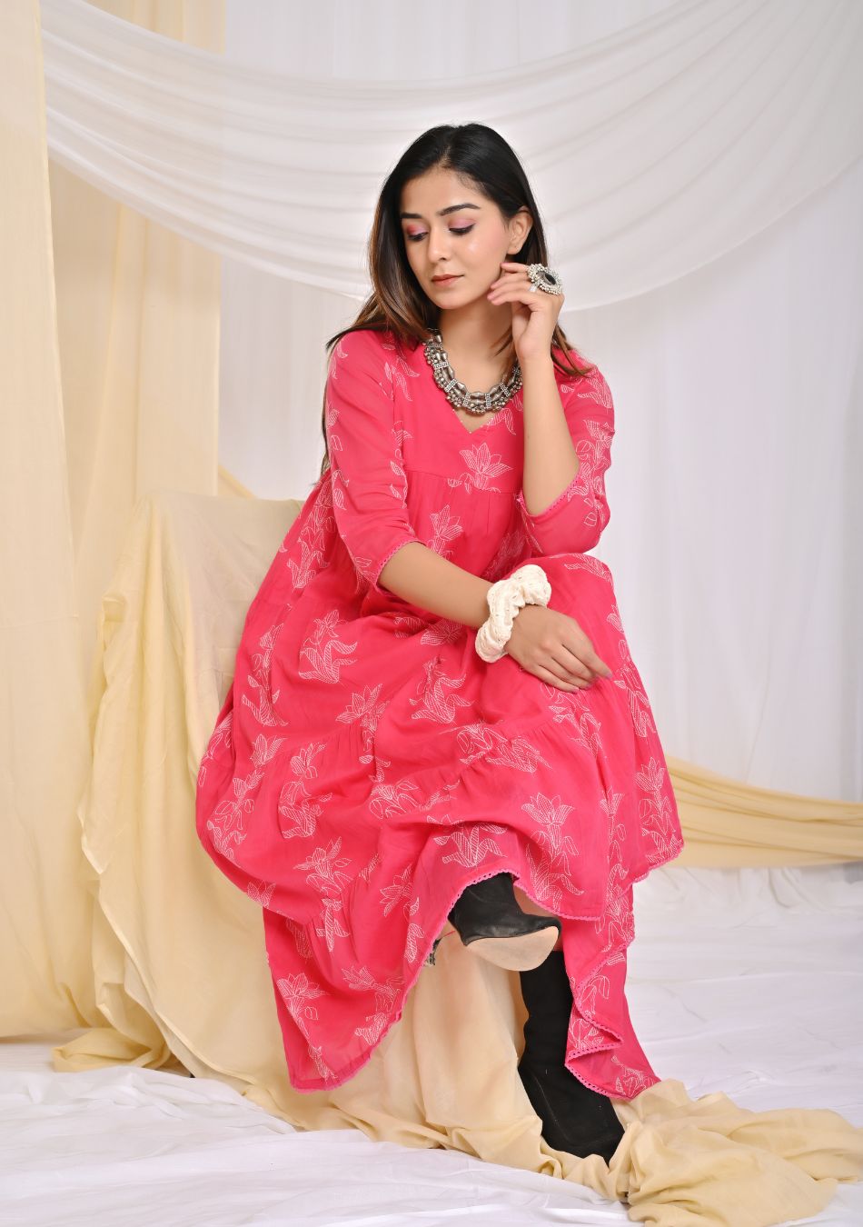Pink Print Jumper Style Cotton Long Dress