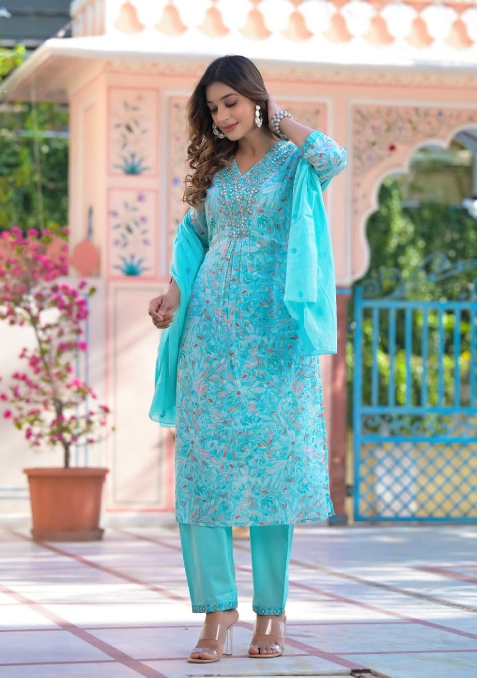 Turquoise Floral Kurta Pant Set  with Dupatta