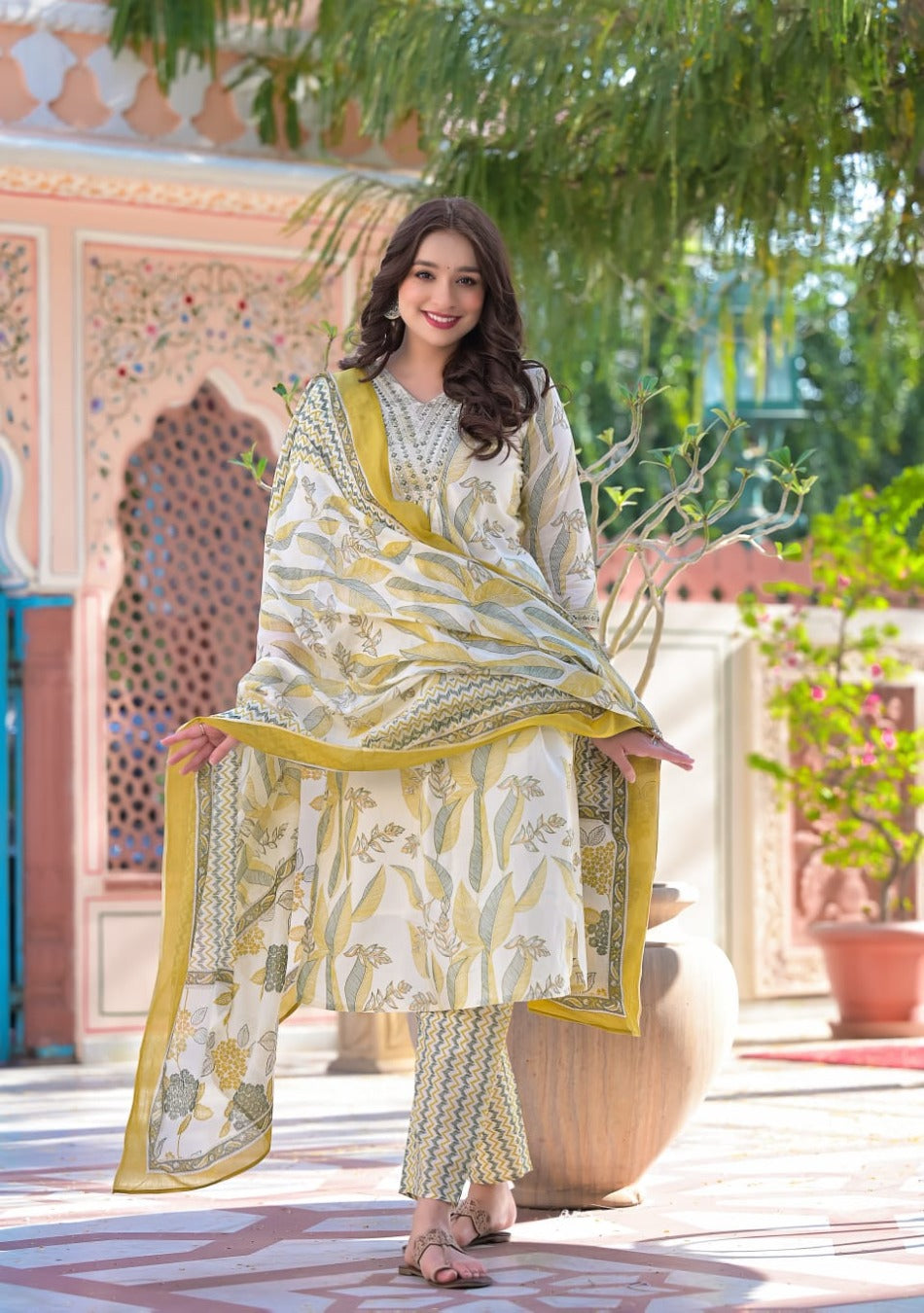 White-Lime Cotton Print Kurta Pant Set with Dupatta