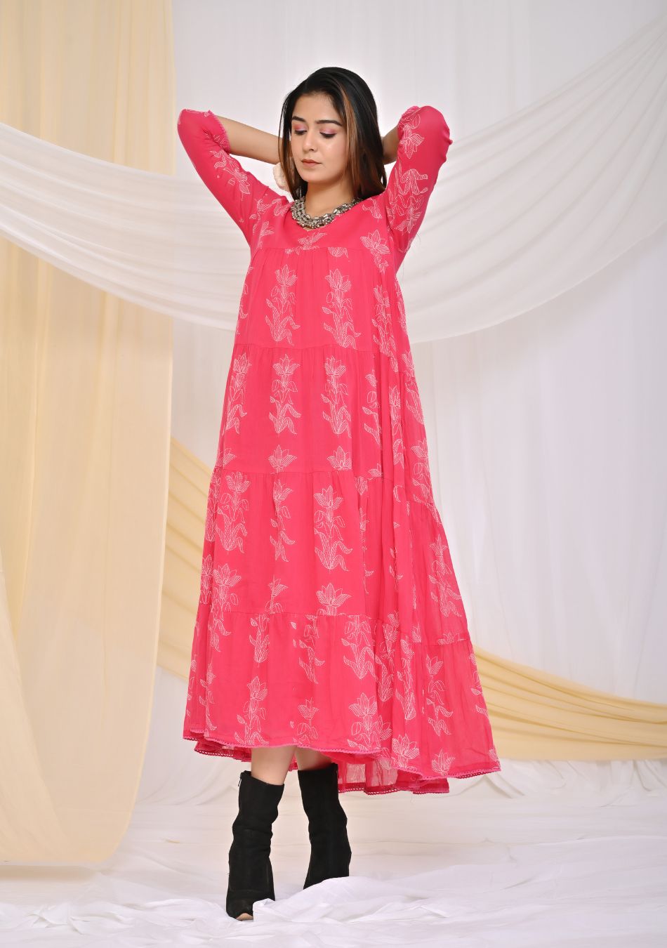 Pink Print Jumper Style Cotton Long Dress