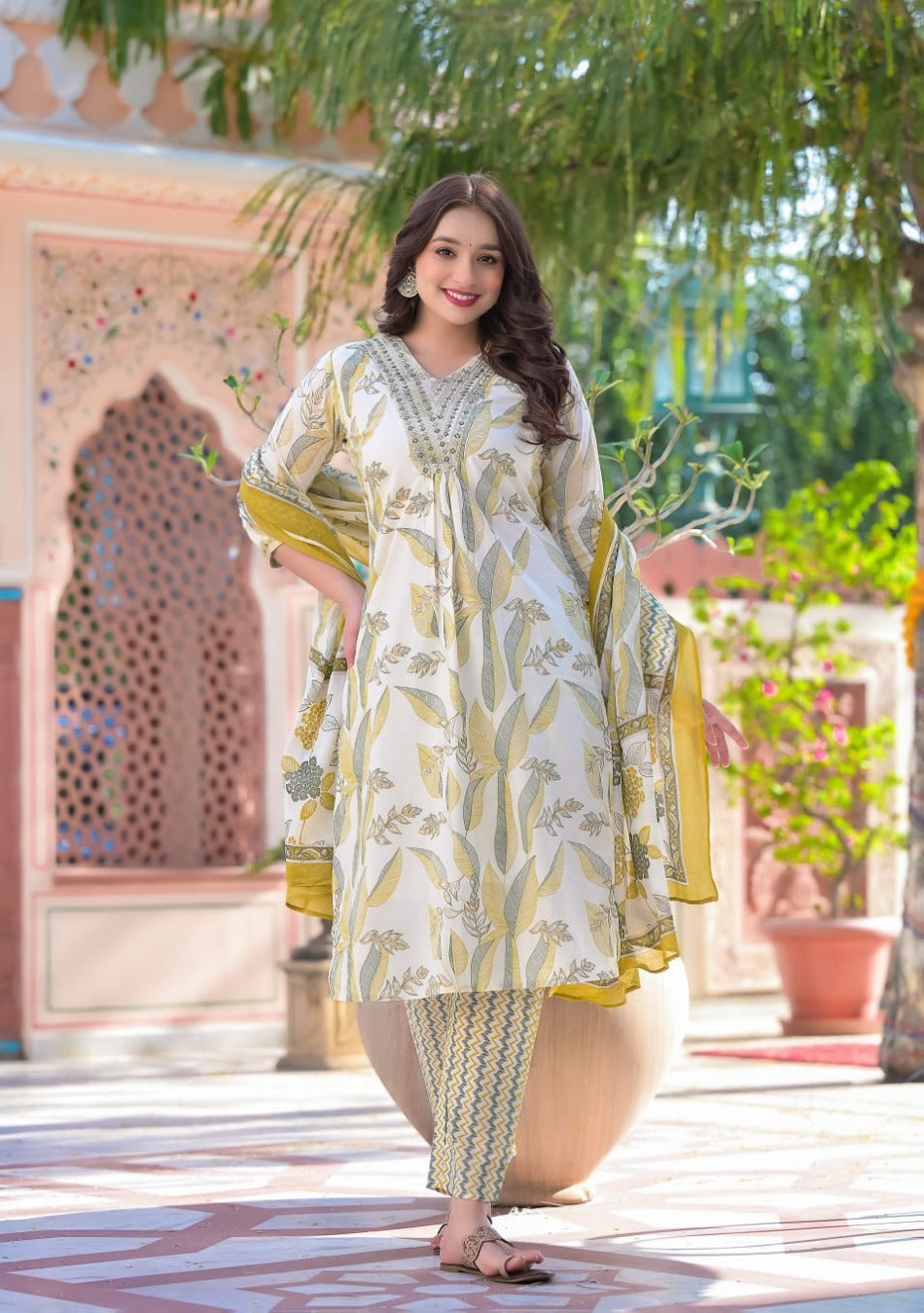 White-Lime Cotton Print Kurta Pant Set with Dupatta