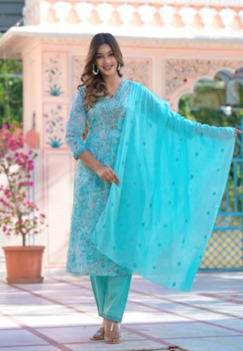 Turquoise Floral Kurta Pant Set  with Dupatta