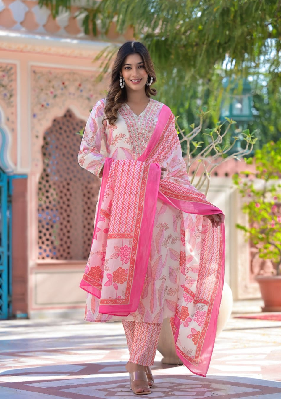 White-Pink Cotton Print Kurta Pant Set with Dupatta