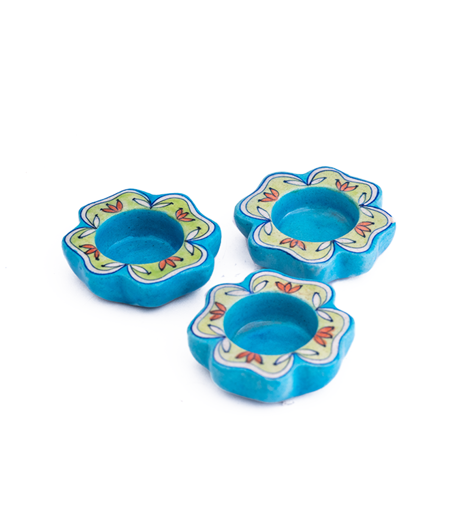 Jaipur blue pottery handmade decorative flower diyas |set of 3