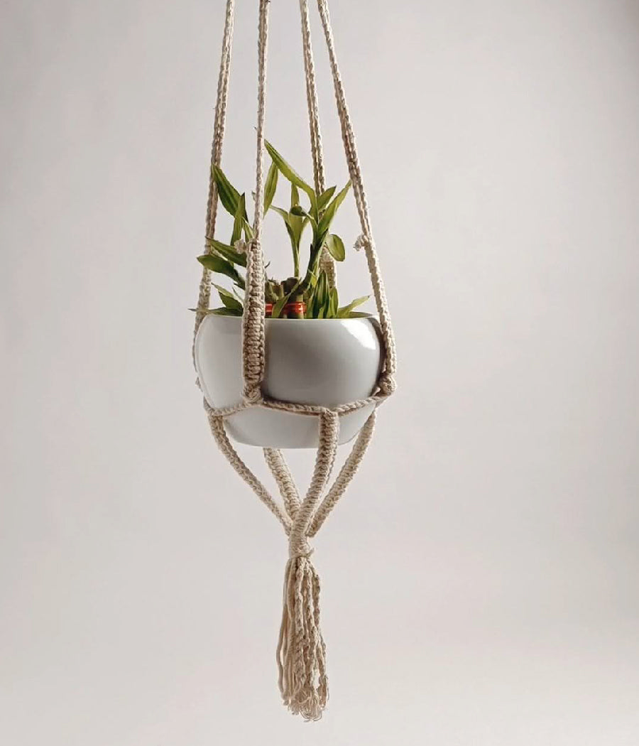 Indoor Macramé White Hanging Pot