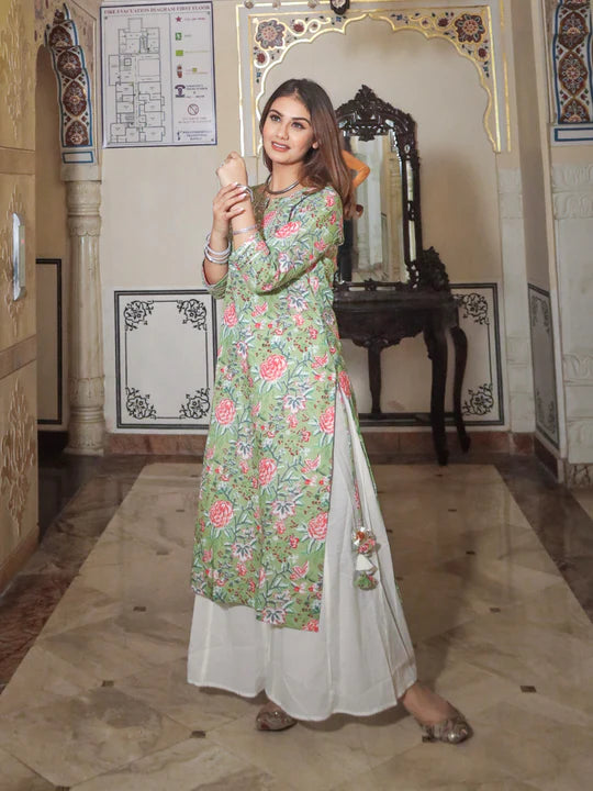 Green Printed Cotton Kurta with Palazzo Set