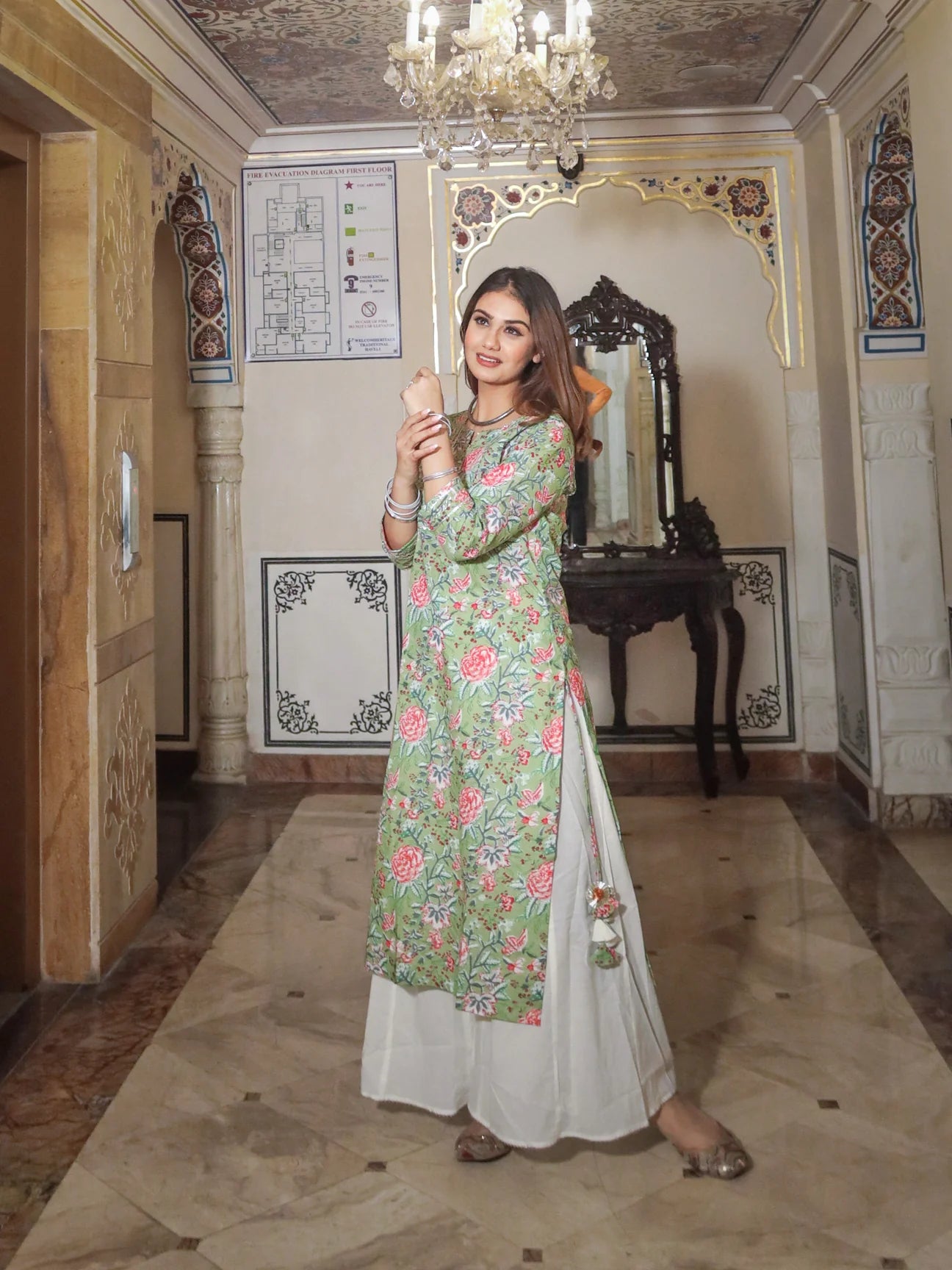 Green Printed Cotton Kurta with Palazzo Set