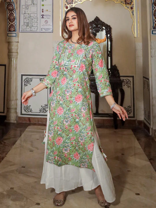 Green Printed Cotton Kurta with Palazzo Set
