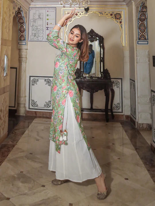 Green Printed Cotton Kurta with Palazzo Set