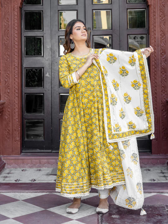 Mustard Cotton Anarkali Kurta Pant Set With Dupatta