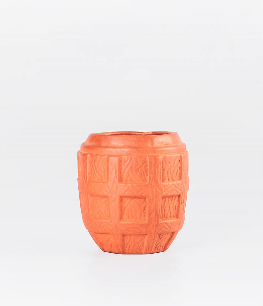 Square Design Brown Clay Pot