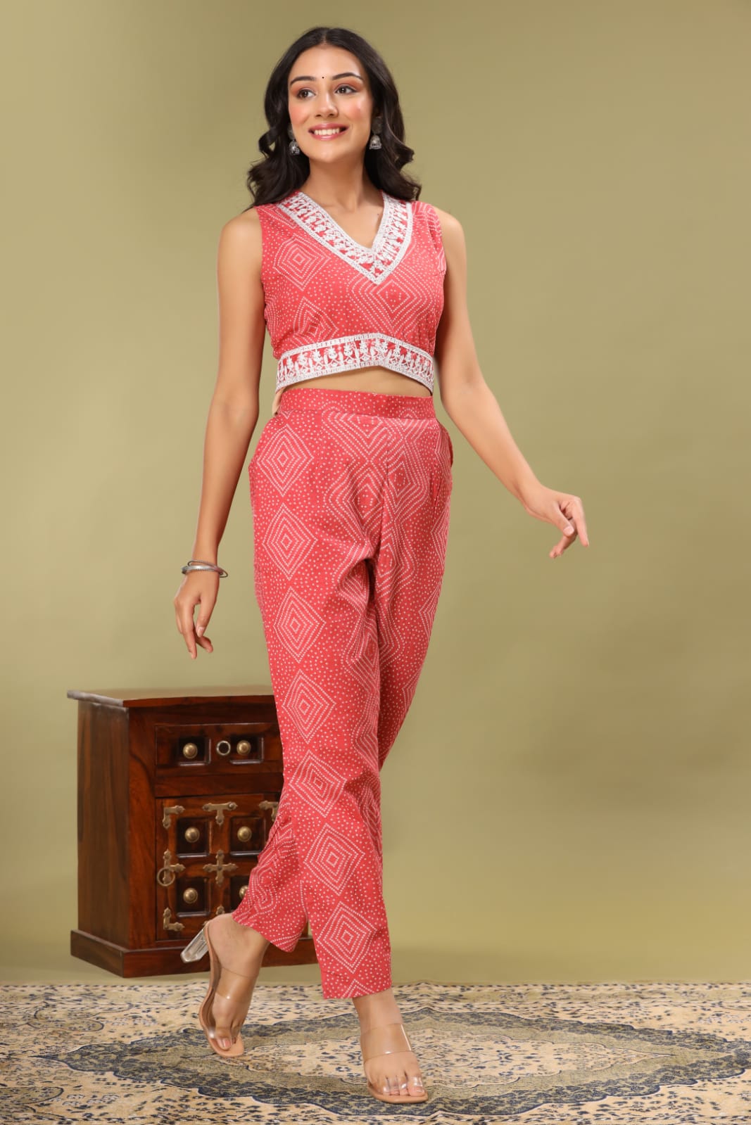 Coral Chunri Print Blouse & Pant Set