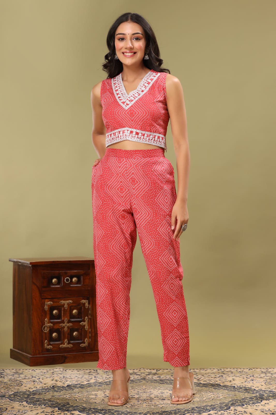 Coral Chunri Print Blouse & Pant Set