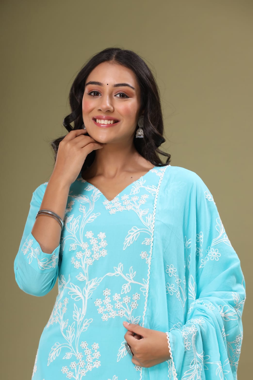 Light Blue White Embroidered Floral Salwar Suit