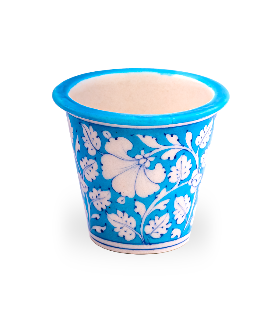 White Floral Pattern Handcrafted Cerulean Blue Pot Online