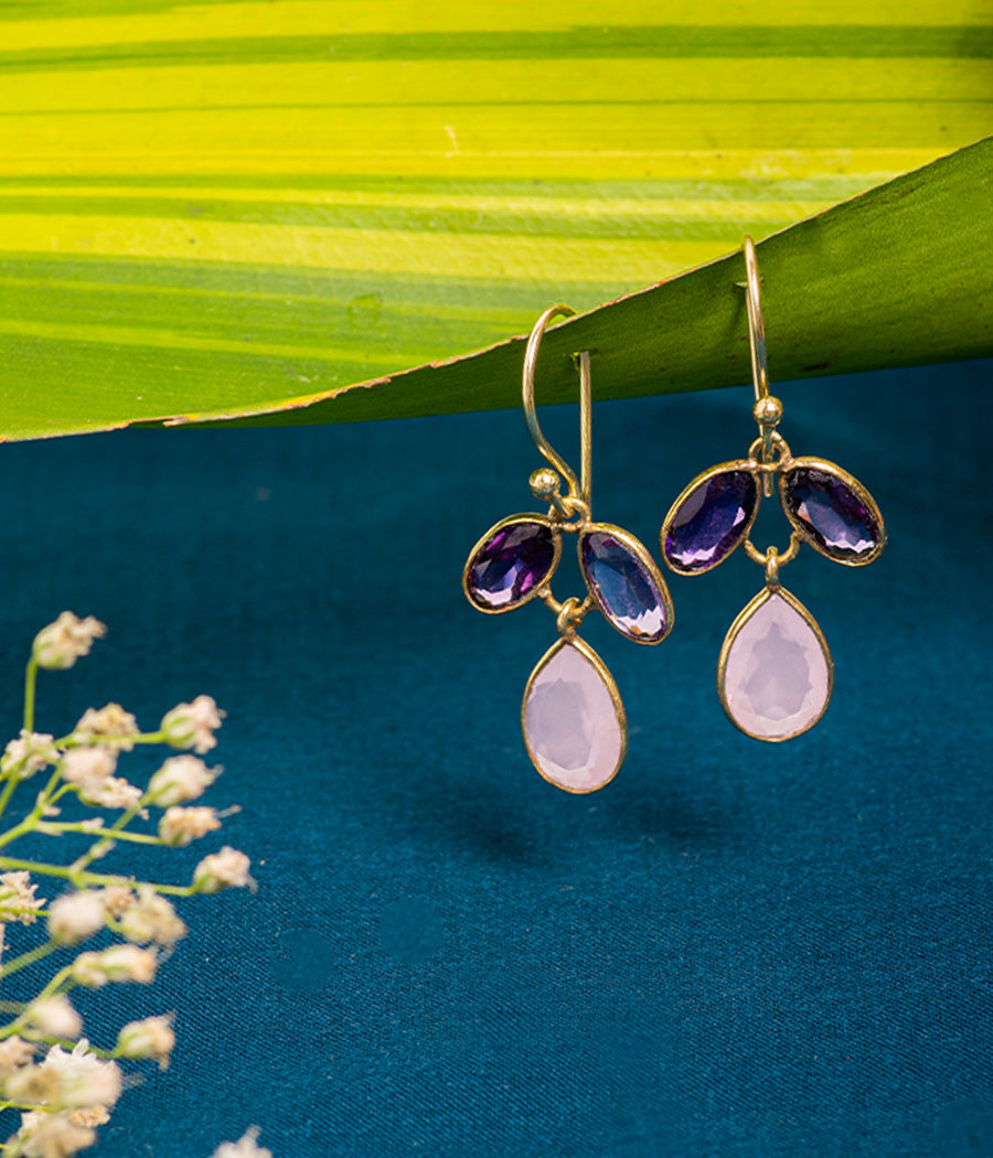 Rose Chalcedony & Amethyst Earrings with Gold Plating