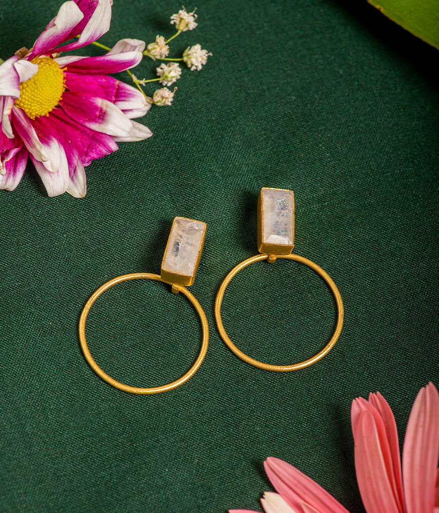 Rainbow Moonstone Loop Earrings with Gold Plating