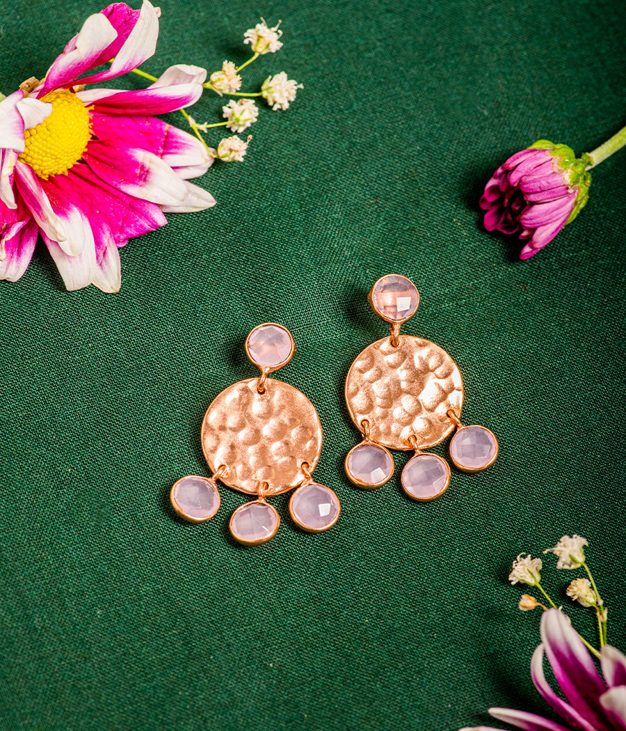 Rose Chalcedony Jhalar Earrings with Gold Plating