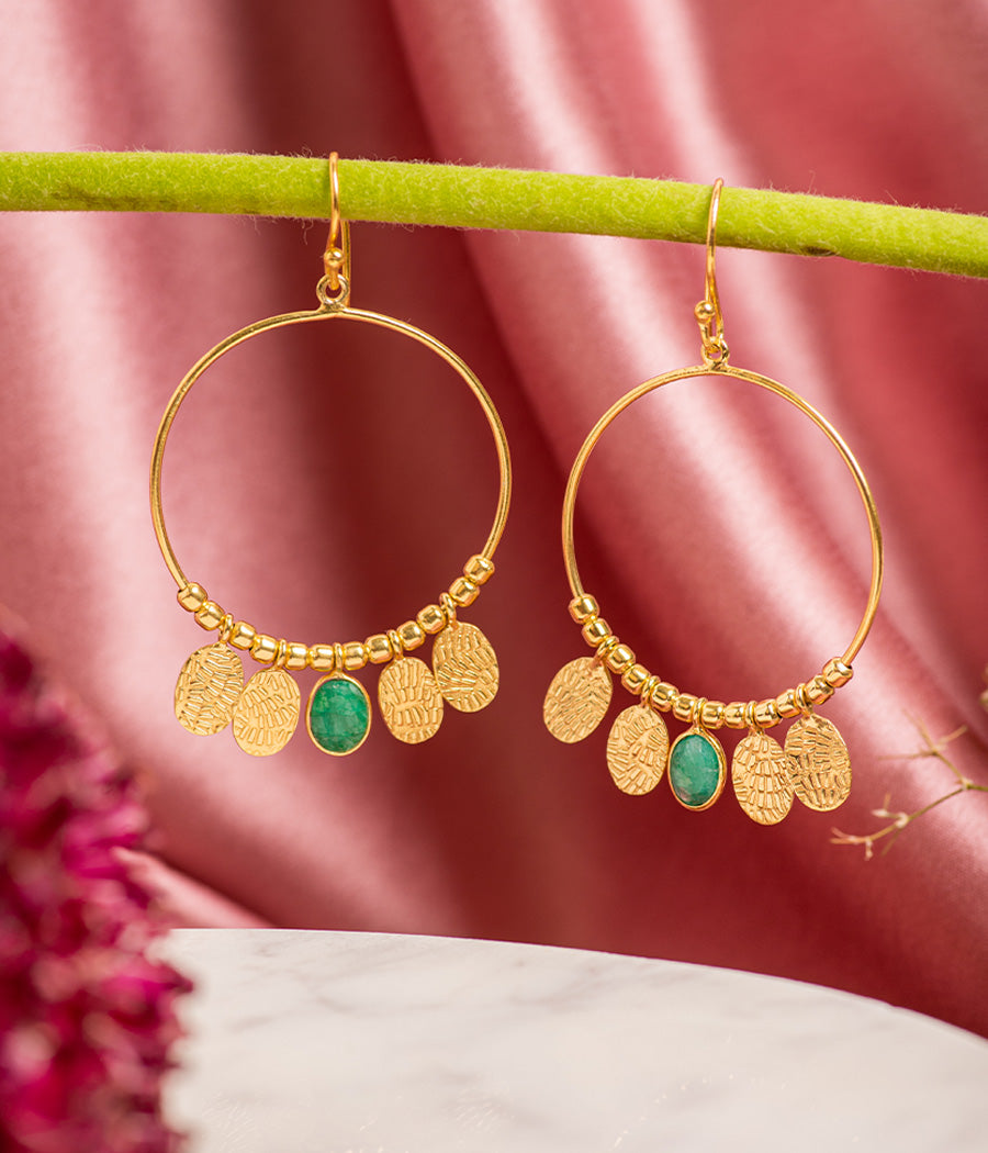 Gold Loop Beaded Earrings with Emerald