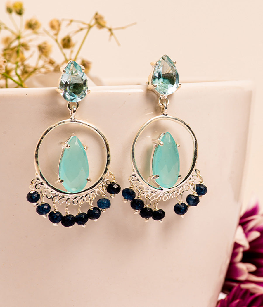Water Blue 3-Gemstone Beaded Loop Silver Earrings